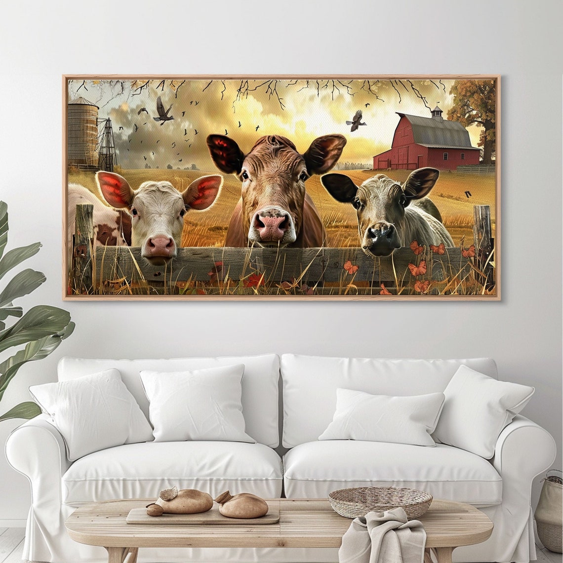Three Curious Cows Peeking Over Fence Farm Barn Sunset Art Poster - Image 5