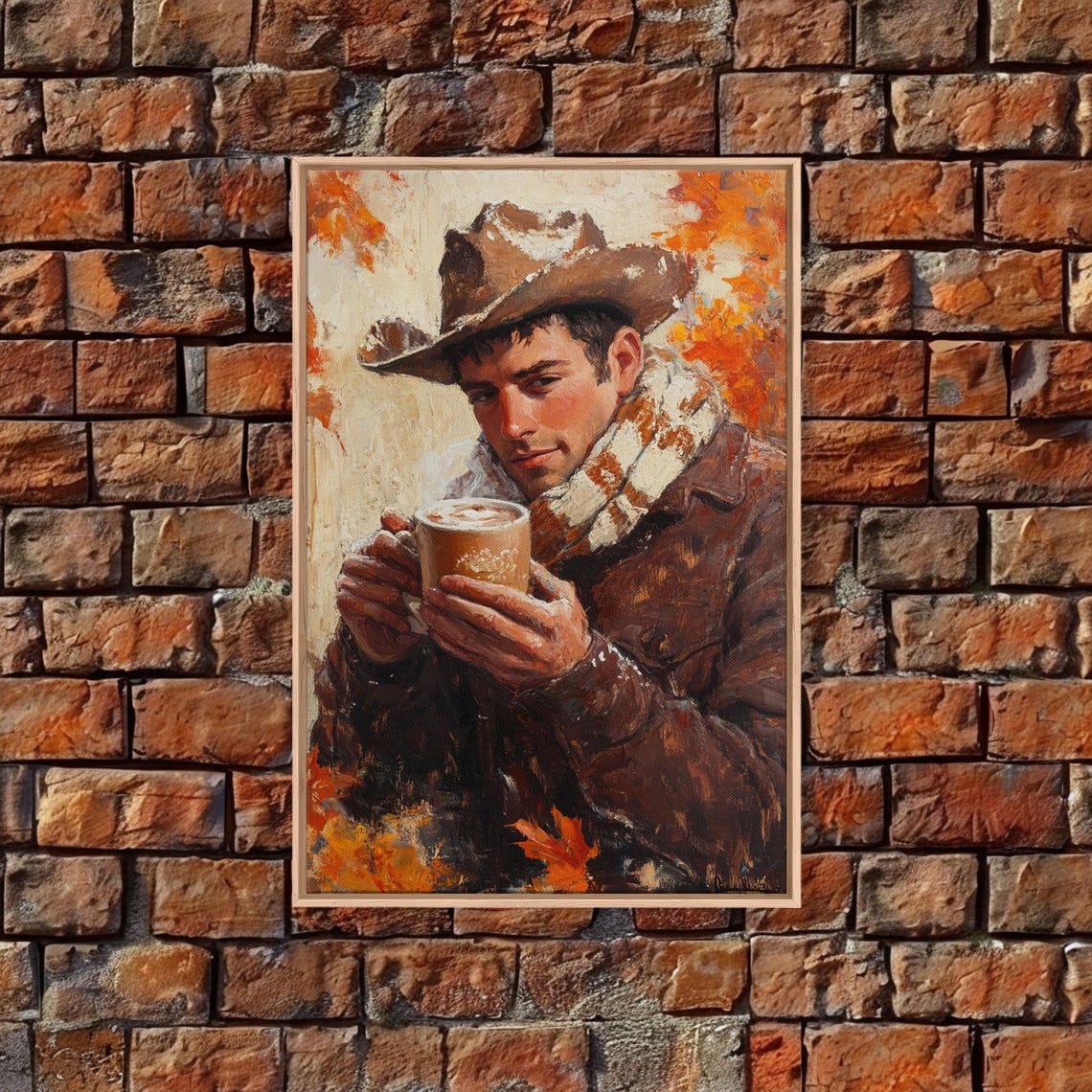 Young Cowboy Holding Steaming Mug Snow Dusted Hat Autumn Warm Poster - Image 5