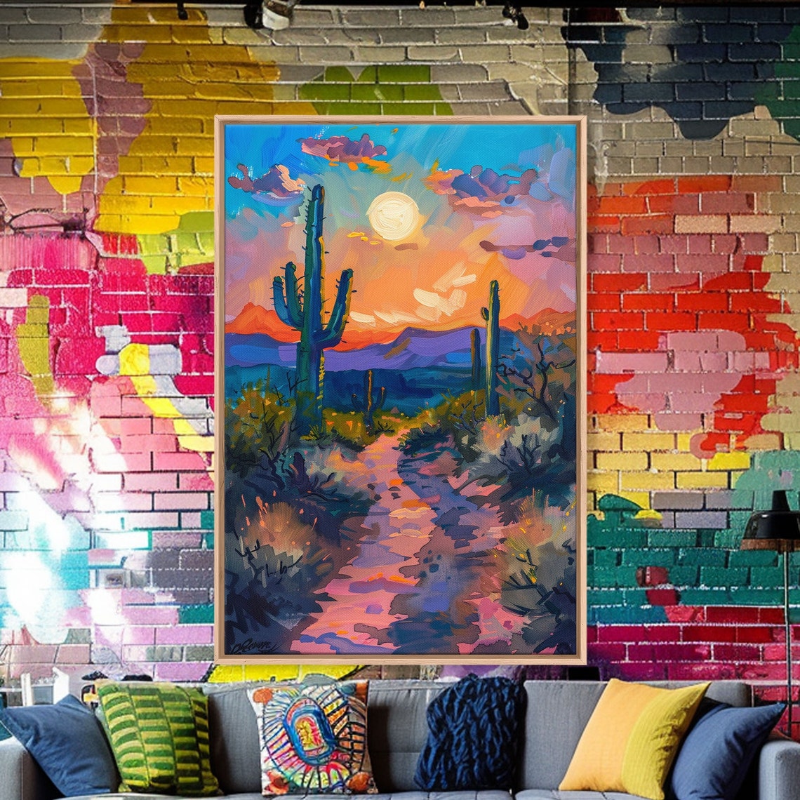 Colorful Desert Sunset With Saguaro Cacti Impressionist Art Poster