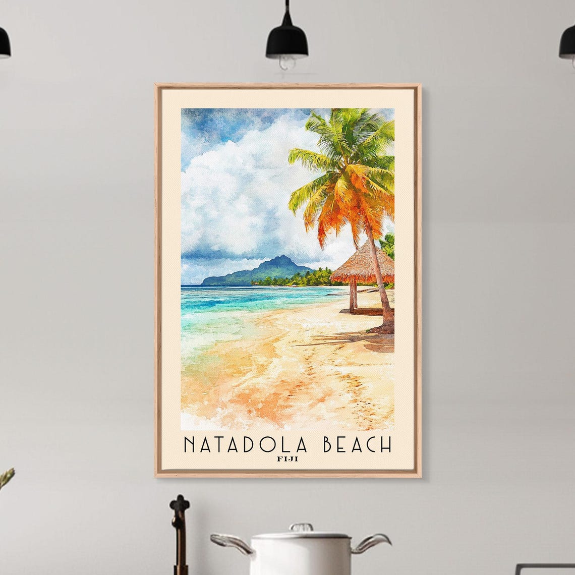 Natadola Beach Fiji Palm Tree Thatched Hut Island Watercolor Poster - Image 6
