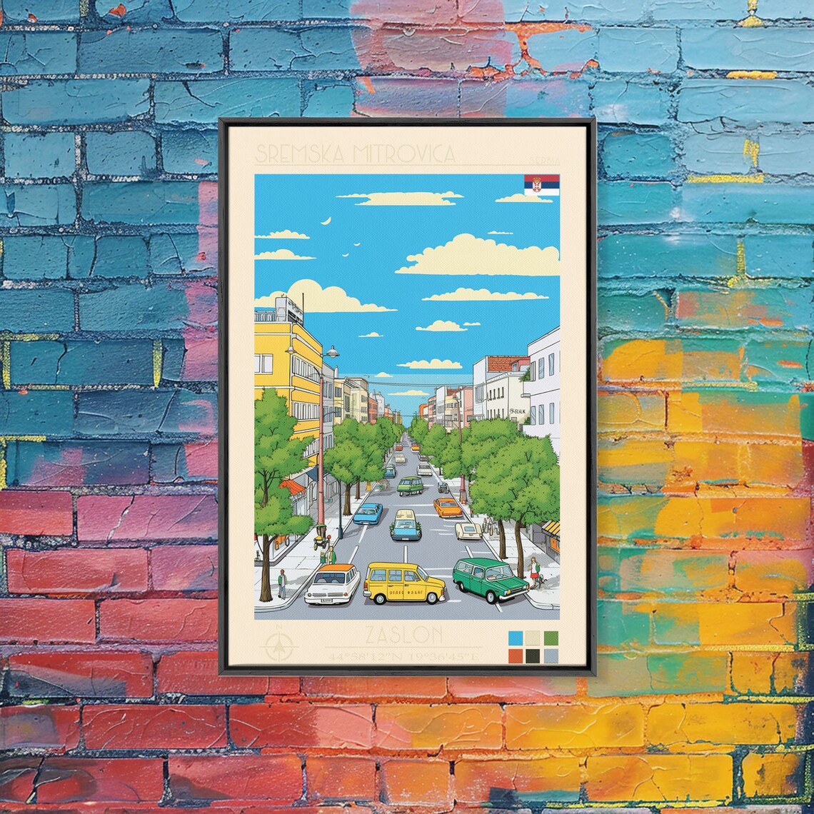 Sremska Mitrovica Serbia Vintage Cars Tree Lined Street Travel Poster - Image 4