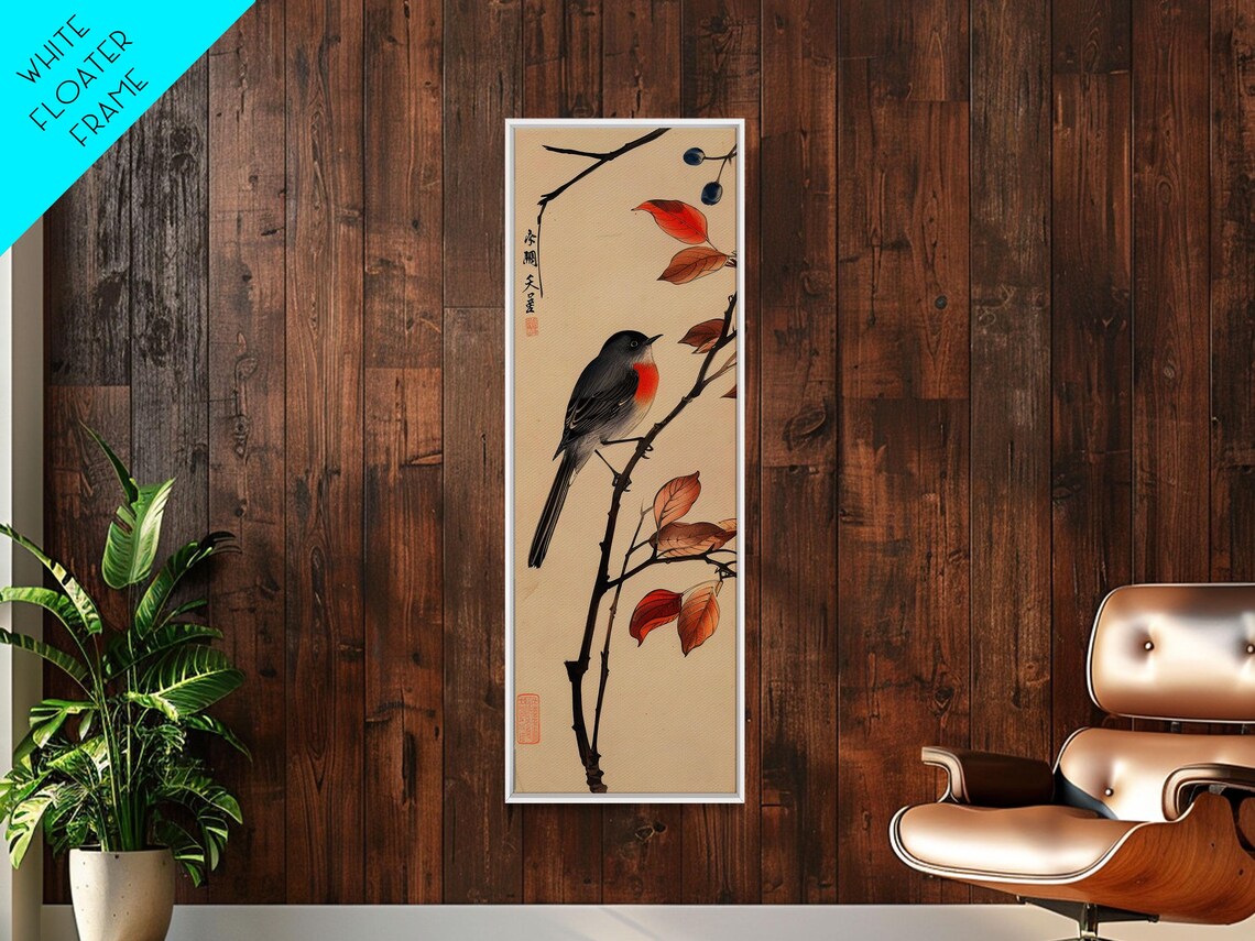 Songbird On Autumn Branch With Red Berries Vintage Woodblock Wall Art - Image 4