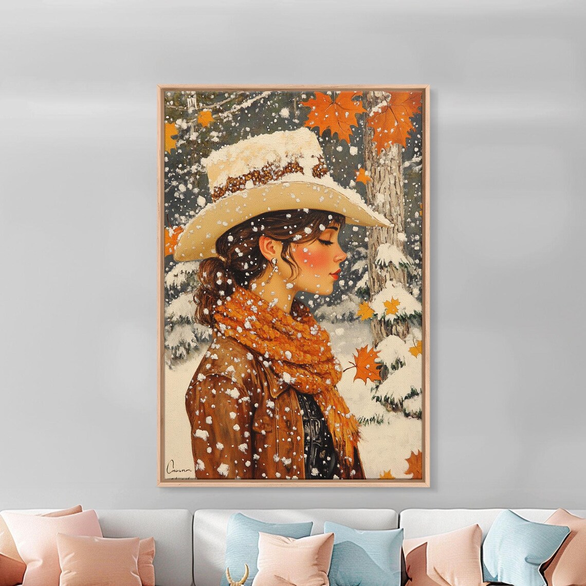 Snowy Cowgirl In Fall Scene Print Seasonal Holiday Art Rustic Christmas Decor Farmhouse Wall Art Winter Wonderland Wall Print - Image 5