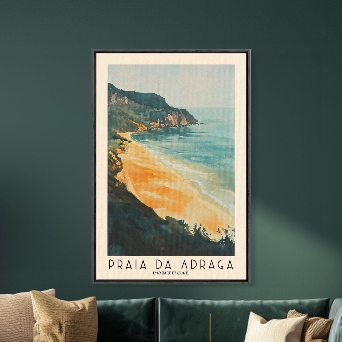 Praia da Adraga Portugal Golden Beach Dark Cliffs Watercolor Travel Poster - Image 5