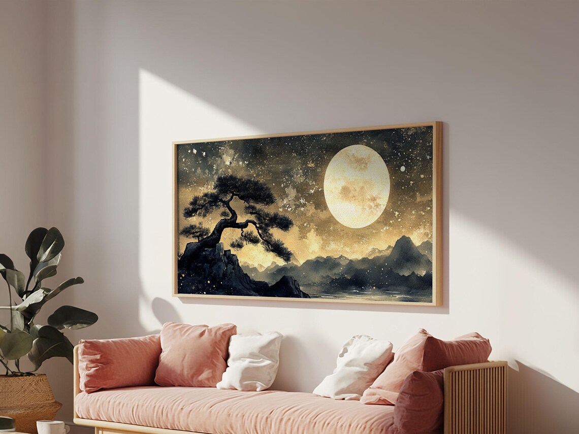 Bonsai Pine Under Full Moon Starry Gold Night Japanese Painting Print - Image 5