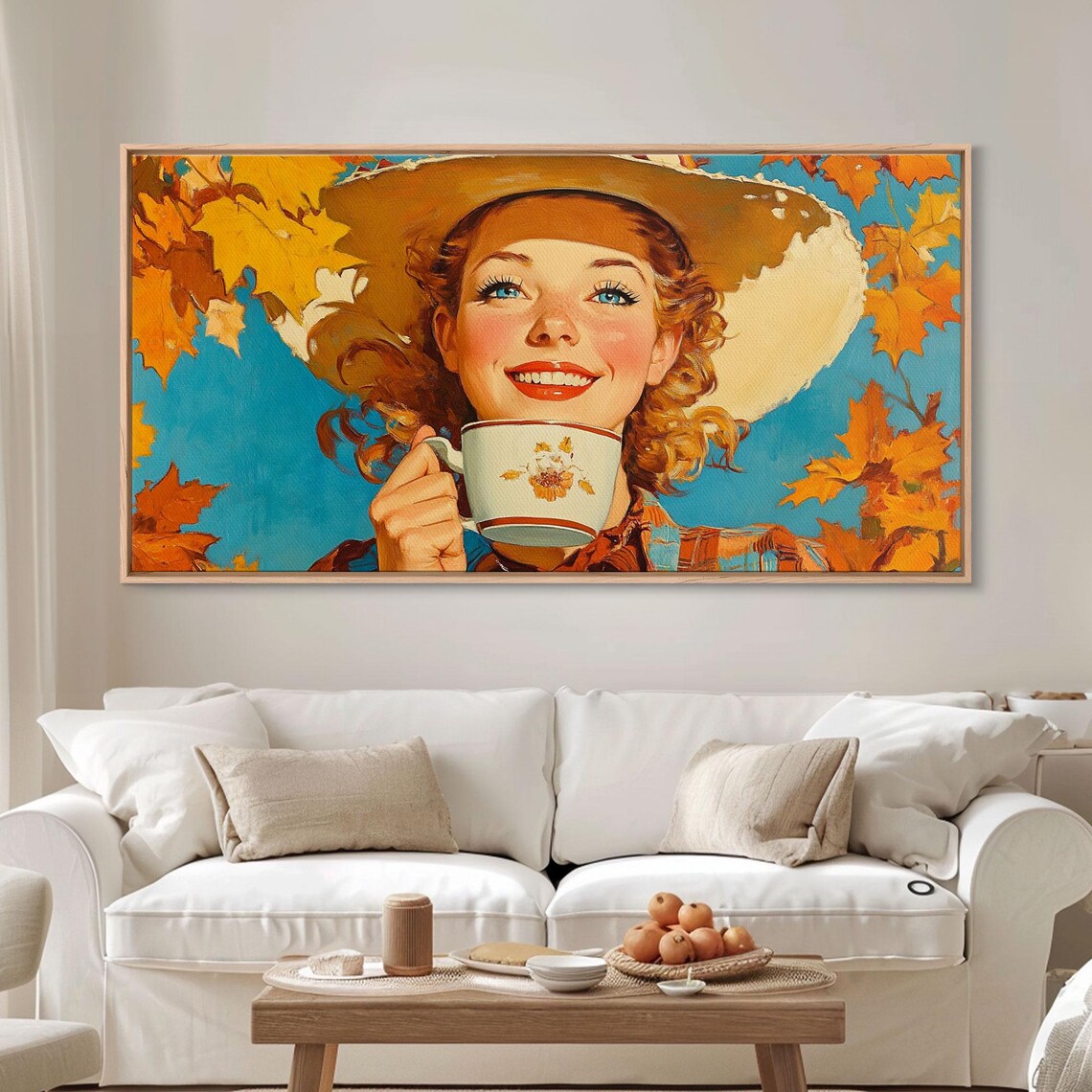 Retro Pinup Cowgirl Smiling With Teacup Autumn Leaves Blue Sky Poster - Image 5
