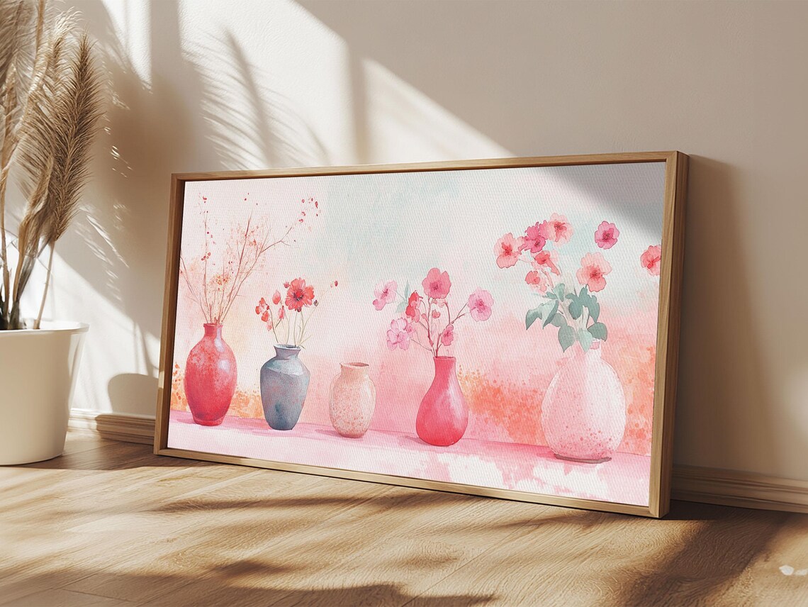Pastel Vases Pink Flowers Watercolor Botanical Shelf Floral Poster - Image 6