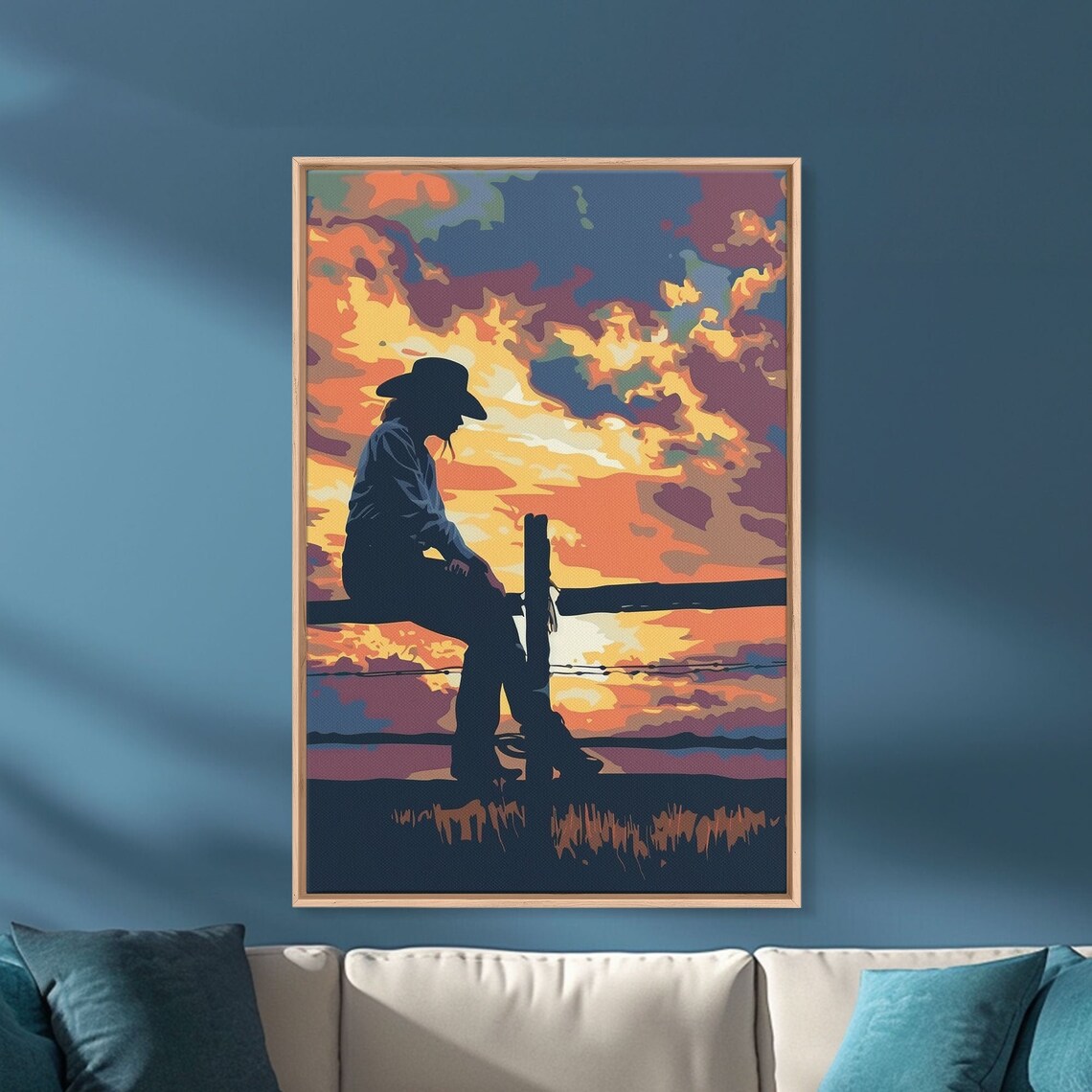 Cowboy Silhouette Fence Sunset Colorful Western Pop Art Poster - Image 4