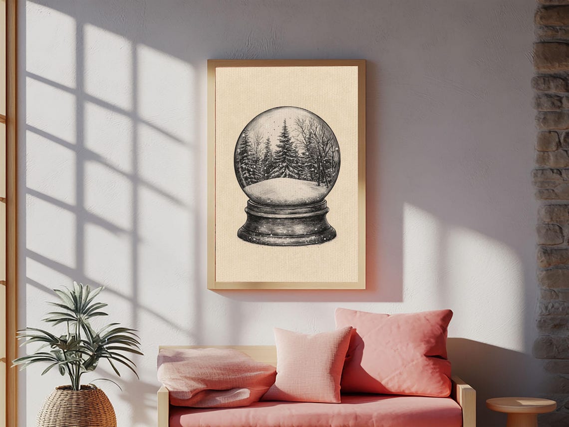 Snow Globe With Winter Pine Forest Sketch Minimalist Christmas Poster
