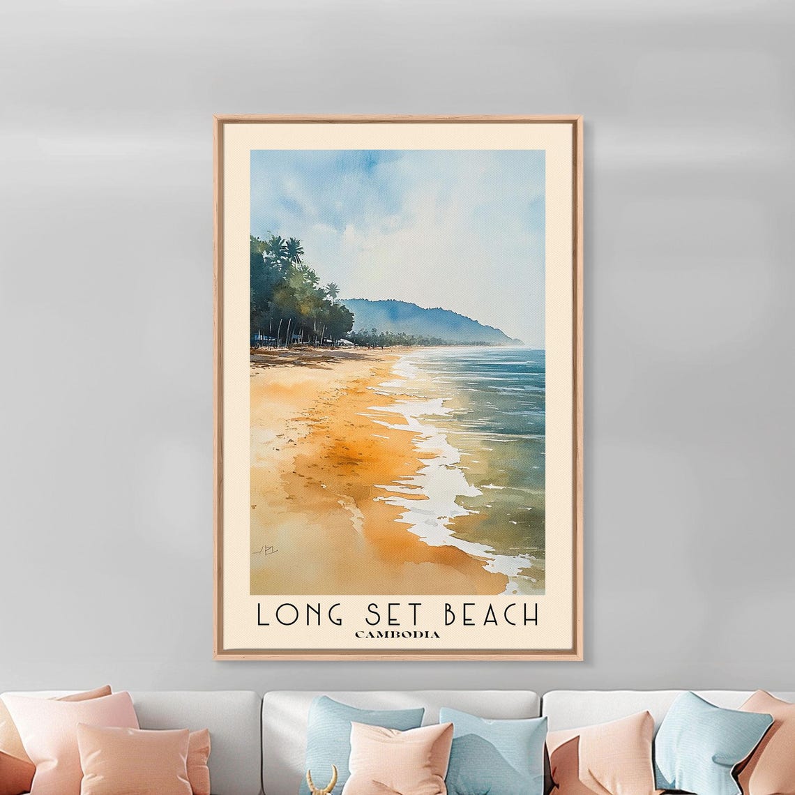 Long Set Beach Cambodia Golden Sand Palm Trees Hills Watercolor Poster - Image 4