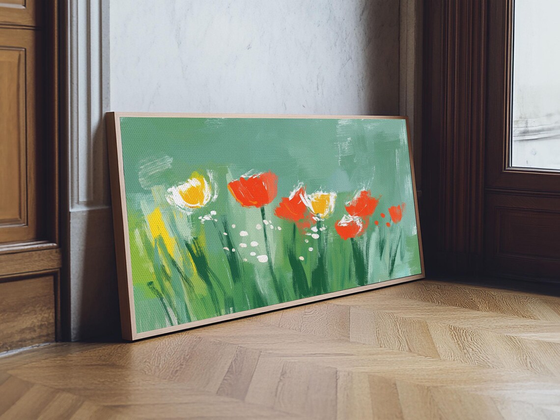 Green Abstract Tulip Oil Painting Print Vintage Flower Art Countryside Wall Decor Rustic Farmhouse Wall Art Flower Painting - Image 5