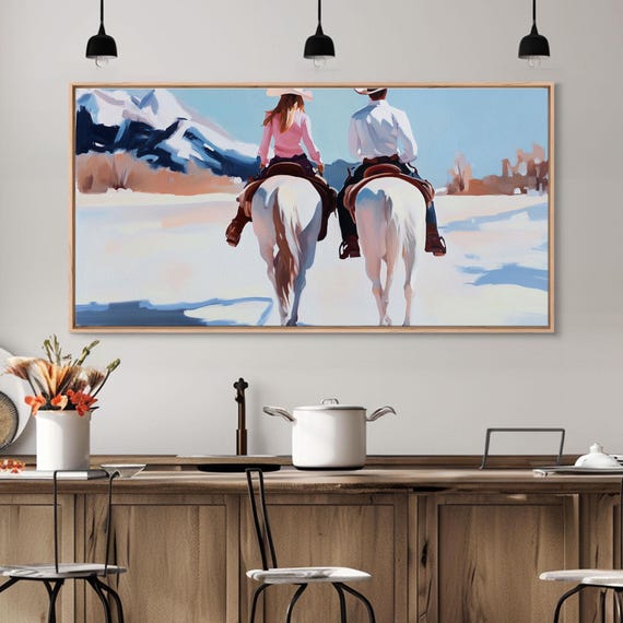 Cute Cowboy Cowgirl On Horseback Gift For Couples Framed Print Bold Western Art Wedding Gift Idea For Cowboys