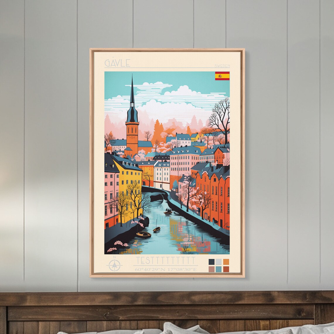Gavle Sweden Canal Boats Church Spire Colorful Houses View Poster - Image 3