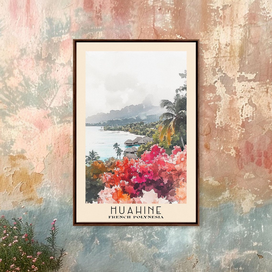 Huahine French Polynesia Lagoon Bungalows Tropical Watercolor Poster - Image 4