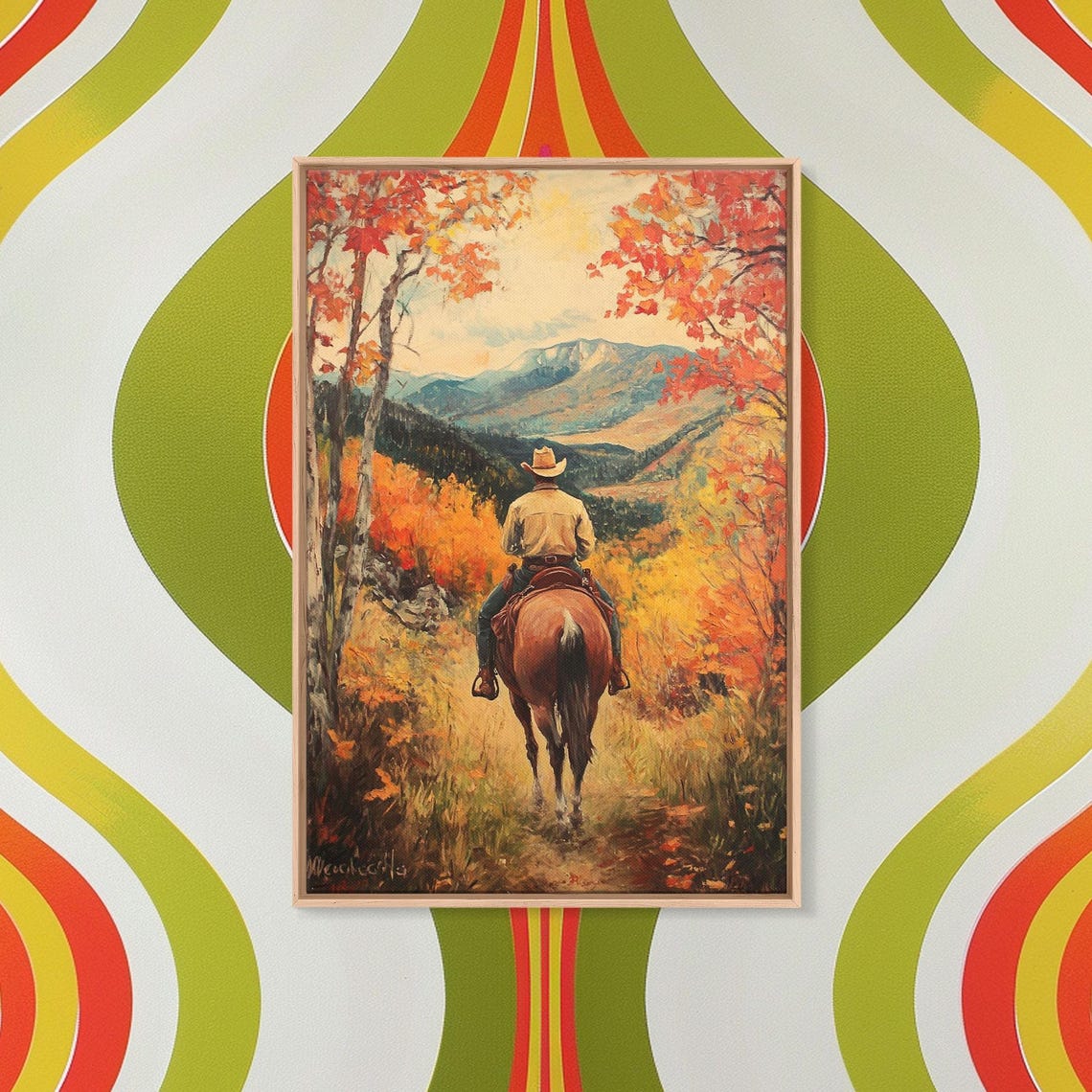 Cowboy Riding Autumn Trail Toward Mountains Orange Trees Fall Poster
