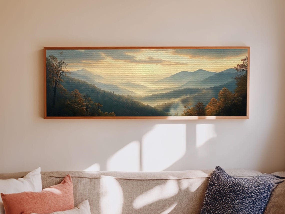 Abstract Golden Mountain Sunrise Misty Layers Panoramic Poster Art - Image 3