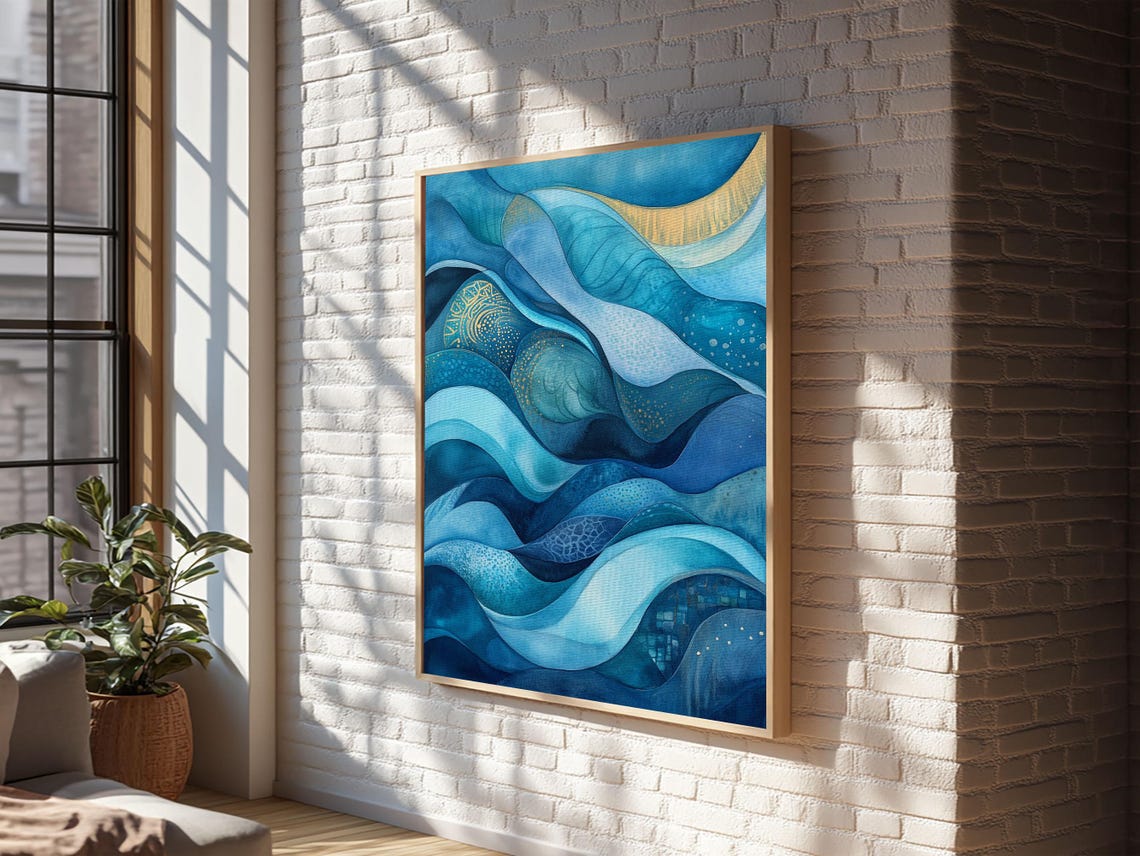 Flowing Blue Waves Print Modern Coastal Art Abstract Zen Decor Nautical Wall Gift Idea Bedroom Calm Artwork Design - Image 5