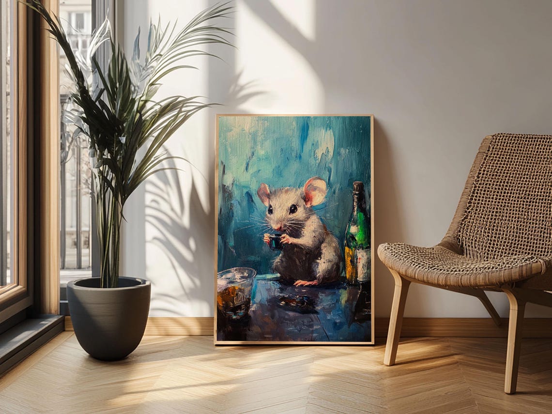 Funny Drinking Mouse Bar Scene Painting Wine Bottle Whiskey Poster