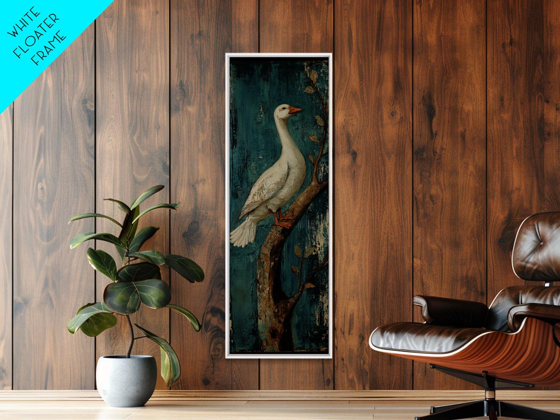White Duck on Branch Teal Folk Art Distressed Rustic Wall Art - Image 3
