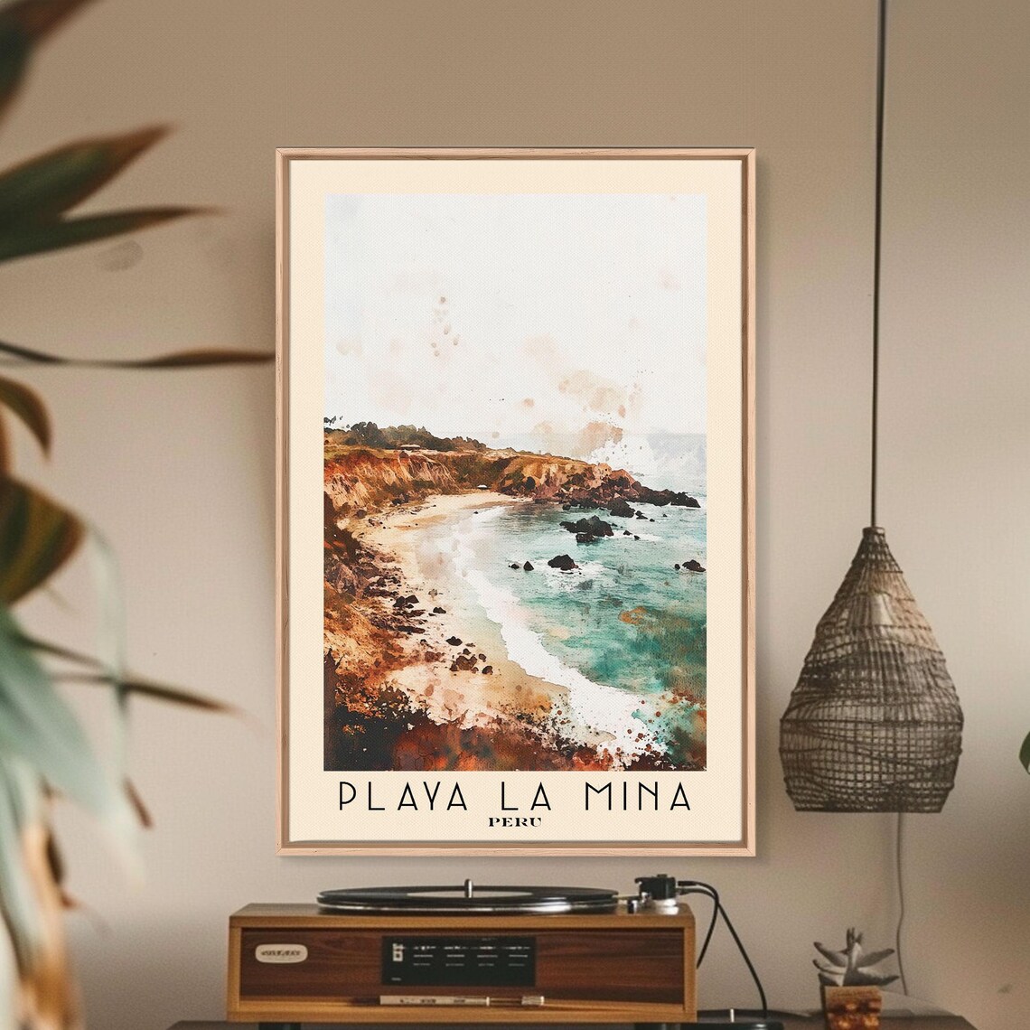 Playa La Mina Peru Rocky Cove Turquoise Water Watercolor Travel Poster - Image 2