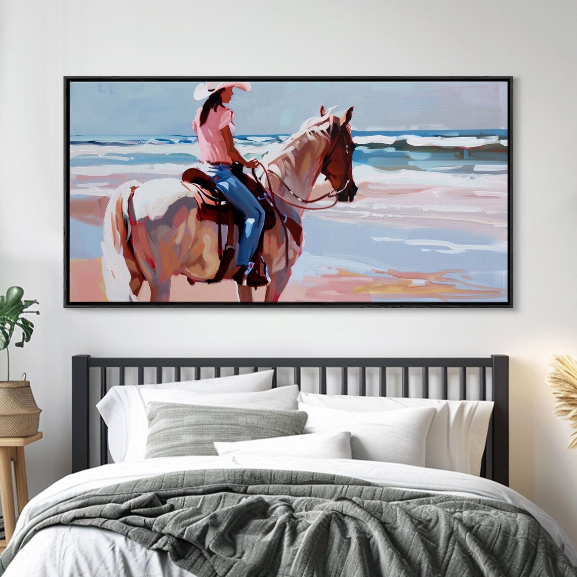 Cowgirl On Pinto Horse Beach Ride Waves Pink Shirt Western Coastal Art - Image 4