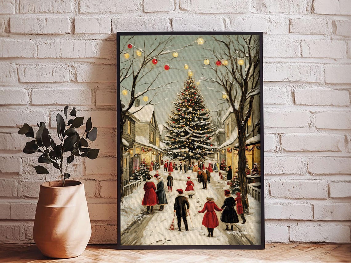 Christmas Tree Town Square Vintage Snowy Village Holiday Art Poster - Image 3