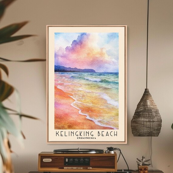 Kelingking Beach Indonesia Pastel Sunset Waves Shore Watercolor Poster