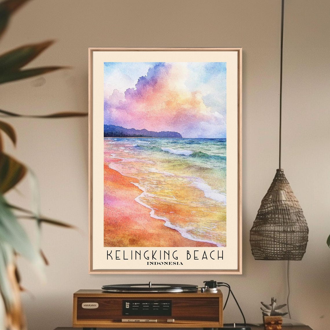 Kelingking Beach Indonesia Pastel Sunset Waves Shore Watercolor Poster