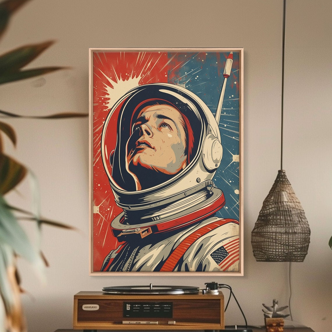 Vintage Pop Art Astronaut Looking Up Red Starburst Space Wall Art - Image 3