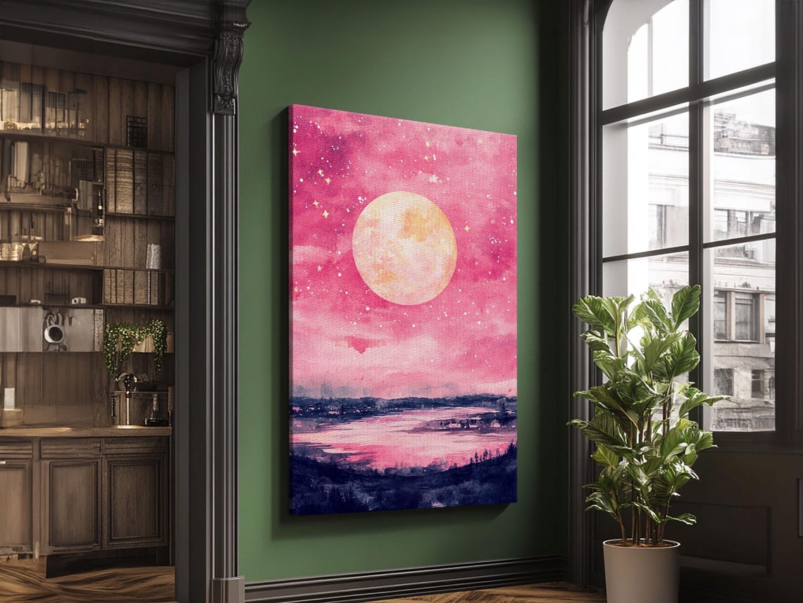 Pink Moonlit Night Lake Starry Sky Dreamy Watercolor Landscape Print - Image 6