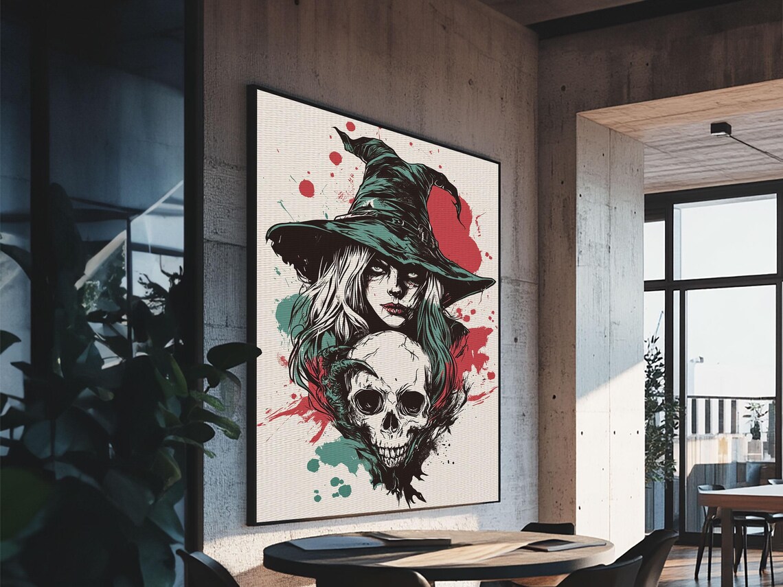 Witch Skull Portrait Dark Gothic Teal Graphic Style Halloween Wall Art Poster - Image 6