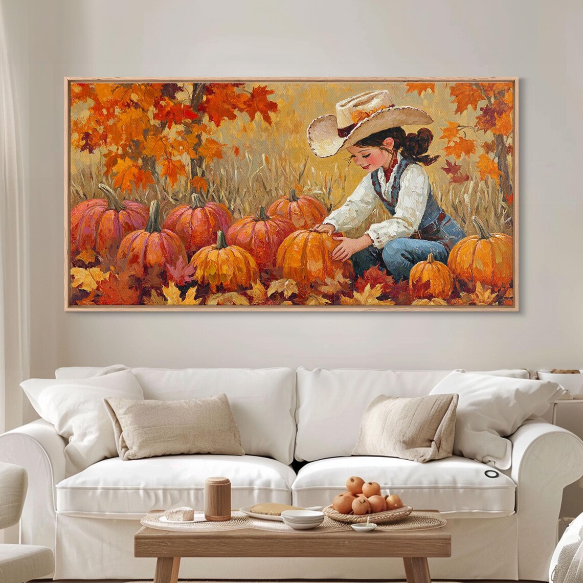 Little Cowgirl Picking Pumpkins In A Fall Pumpkin Patch Art Print - Image 6