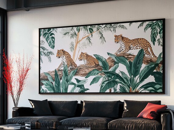 Three Leopards Tropical Jungle Branch Watercolor Wildlife Illustration Poster