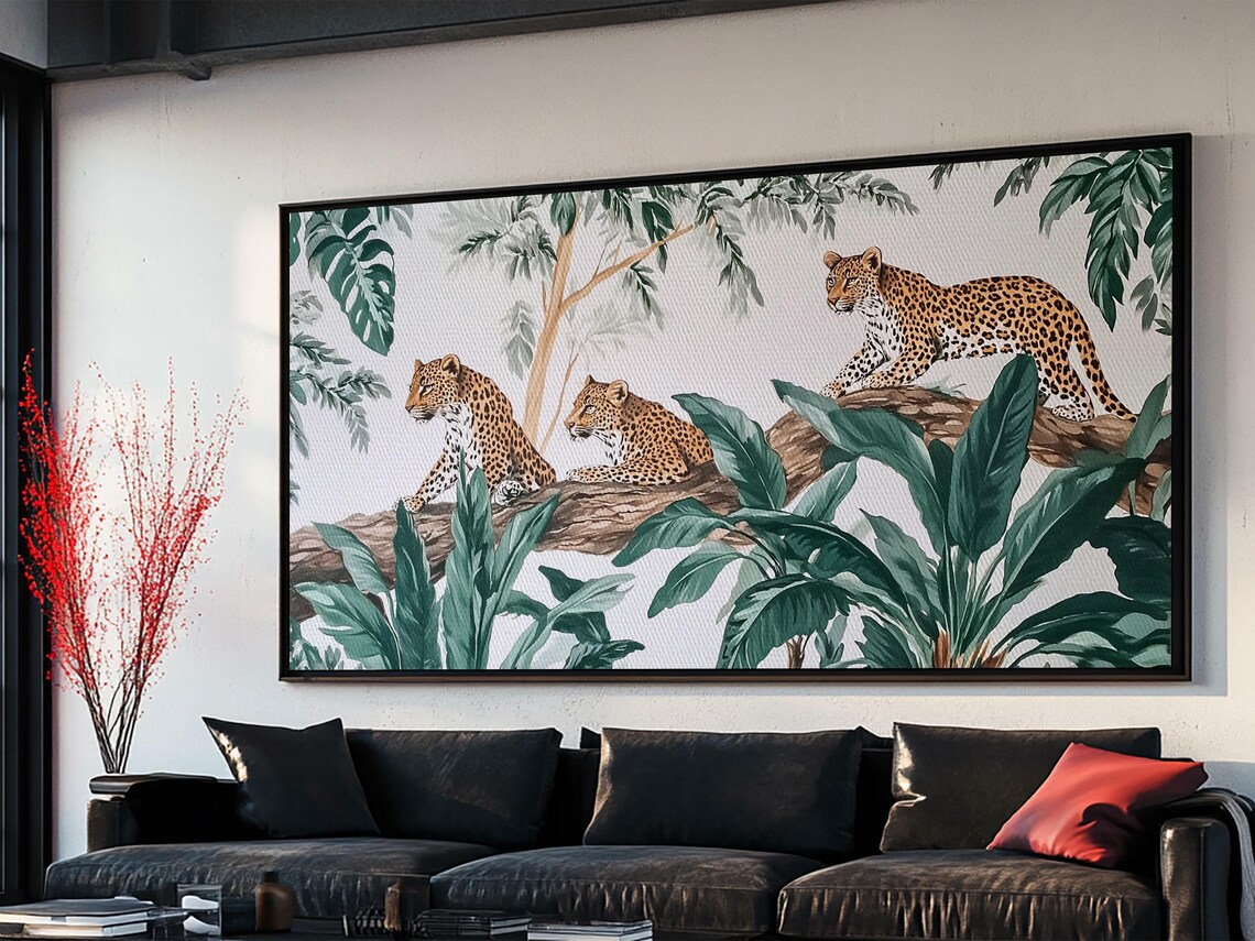 Three Leopards Tropical Jungle Branch Watercolor Wildlife Illustration Poster
