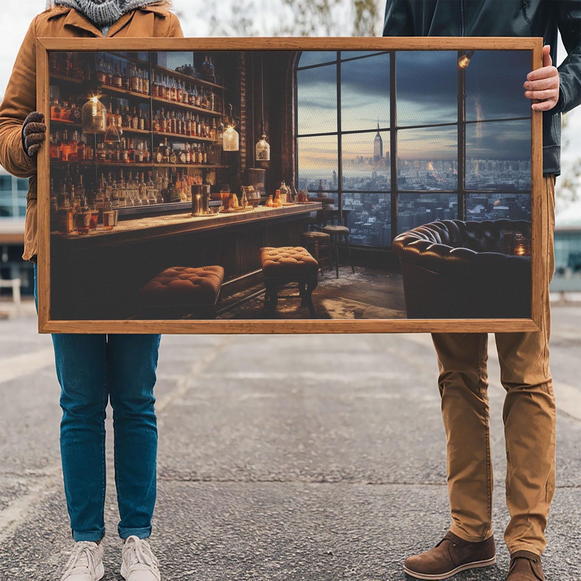 Winter Bar Decor Framed Print Oil Painting Of A Vintage Bar Overlooking The City Winter Centerpiece Winter Decor Bar Cart Art - Image 3