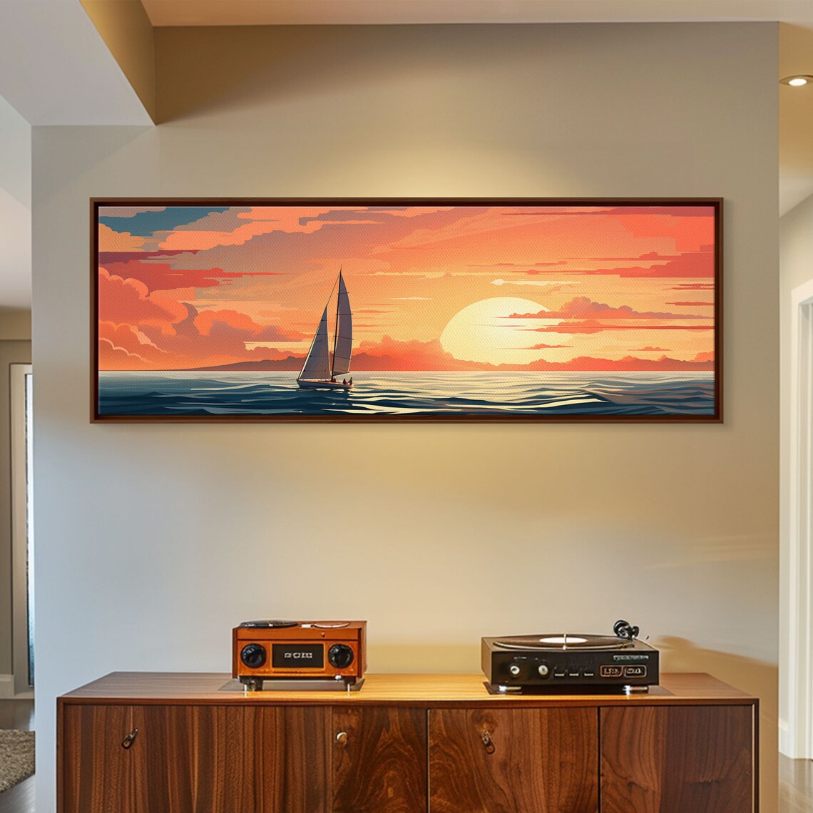 Sailboat Sunset Orange Sky Teal Ocean Retro Nautical Illustration Poster - Image 5
