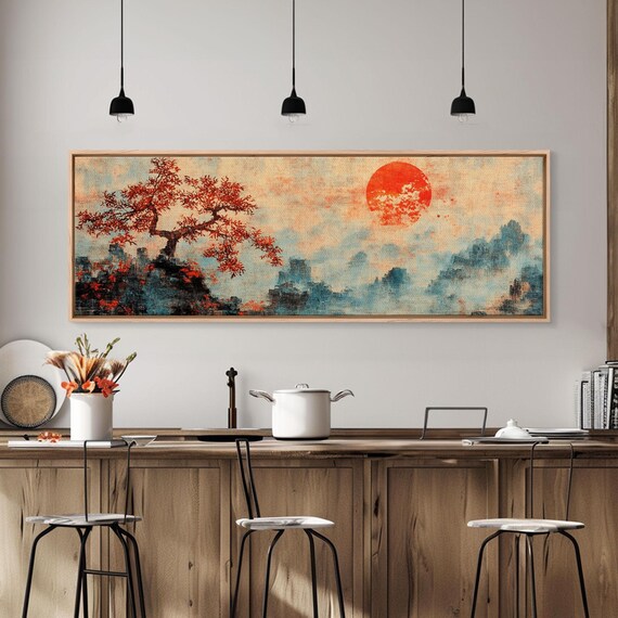 Wabi Sabi Style Japanese Maple Tree And Sunset Framed Print Vintage Style Home Decor Oversized Panoramic Japanese Art Boho Decor