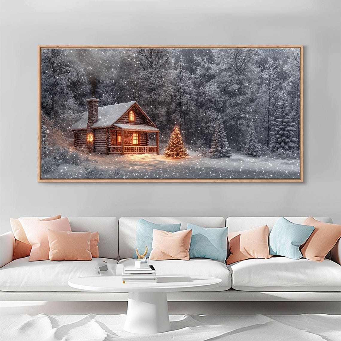 Winter Log Cabin Night Snowfall Lit Christmas Tree Rustic Poster - Image 2