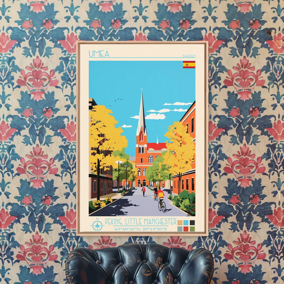 Umea Sweden Autumn Street Brick Church Spire View Travel Poster - Image 2