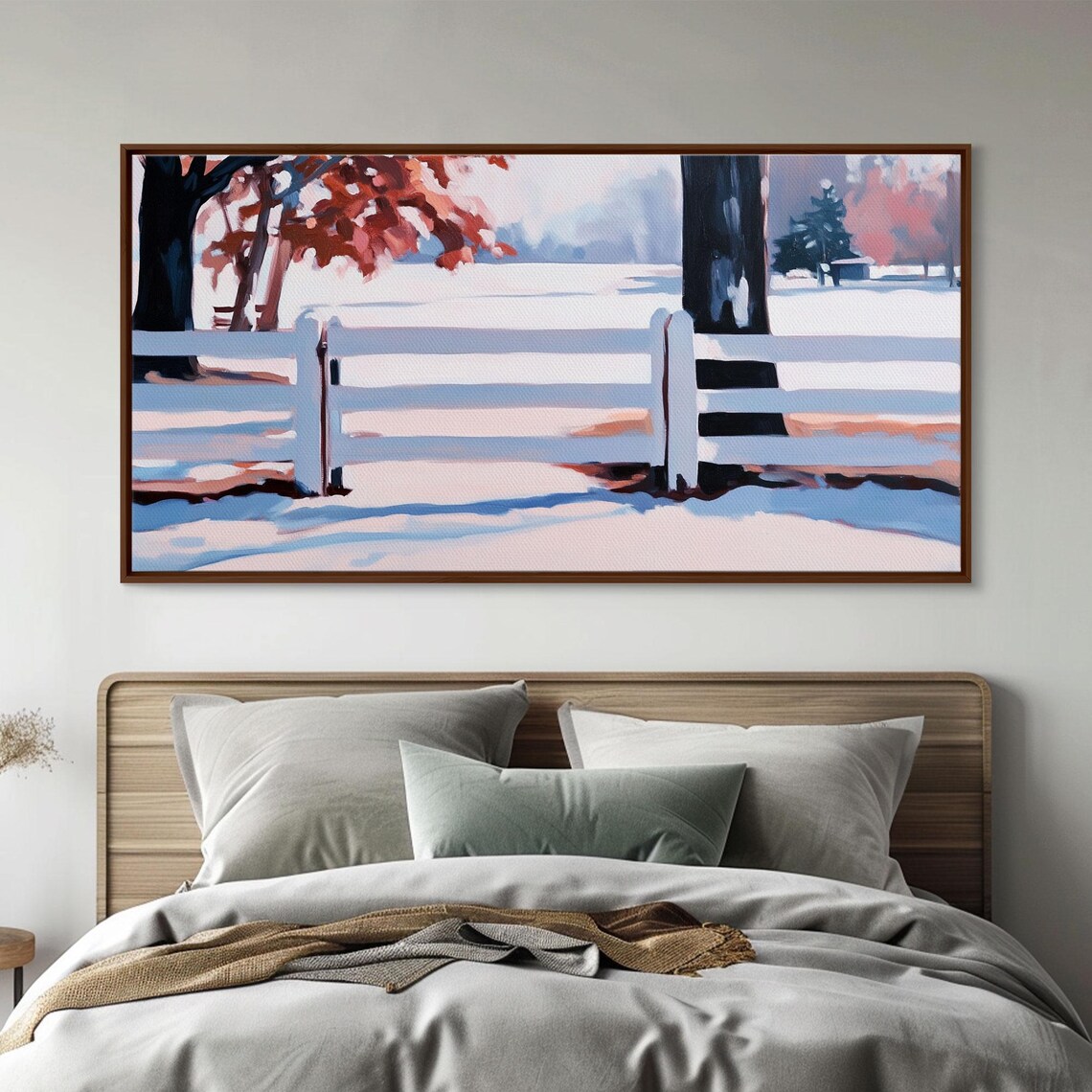 White Fence In A Snowy Field With Red Autumn Leaves Art Poster