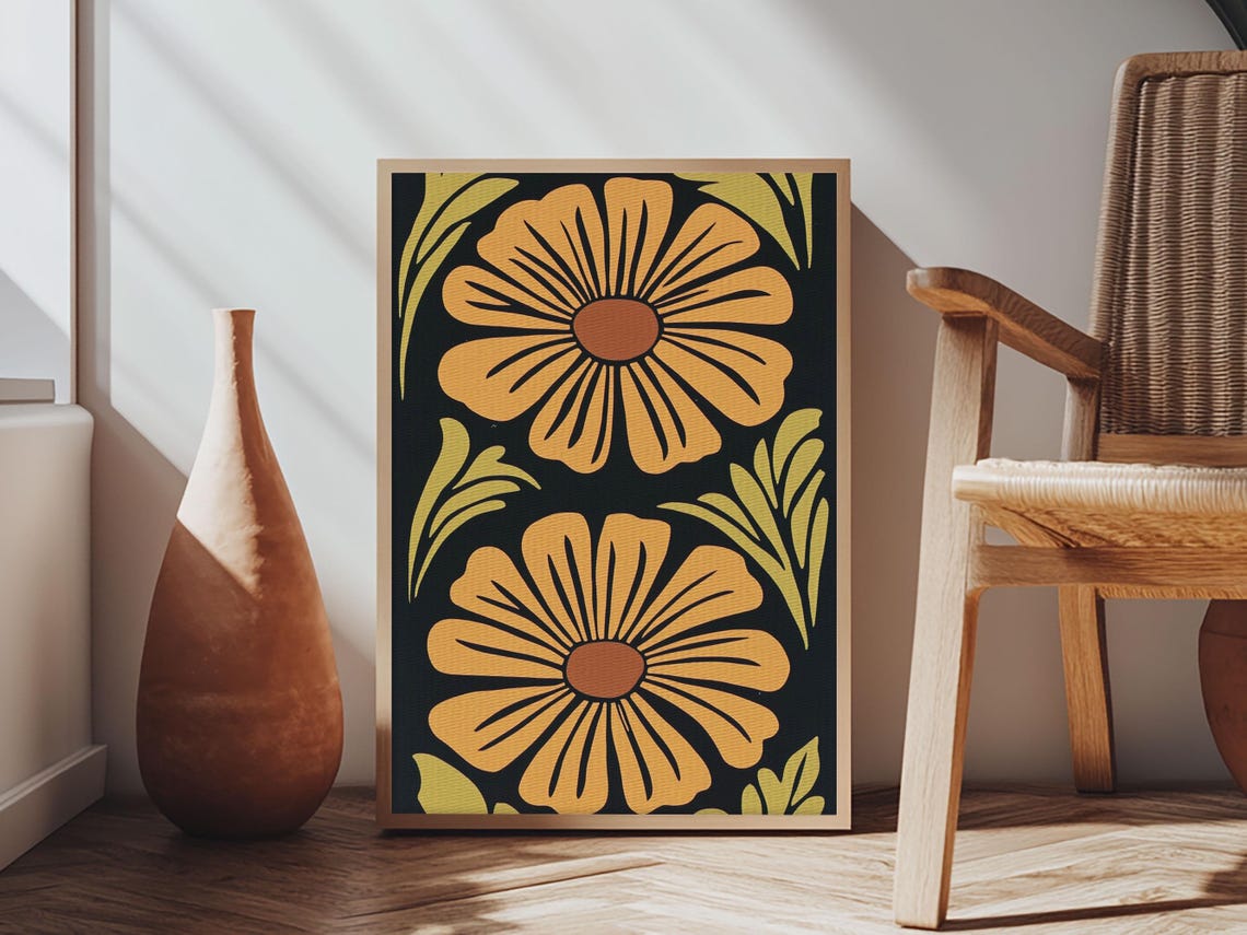 Mid Century Modern Mustard Flowers Retro Botanical Art Poster - Image 2