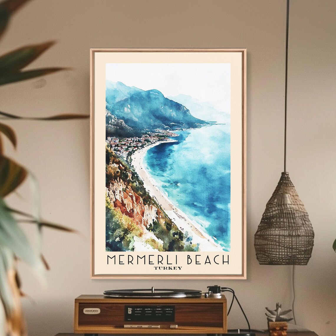 Mermerli Beach Turkey Curved Sandy Cove Seaside Town Watercolor Poster - Image 2