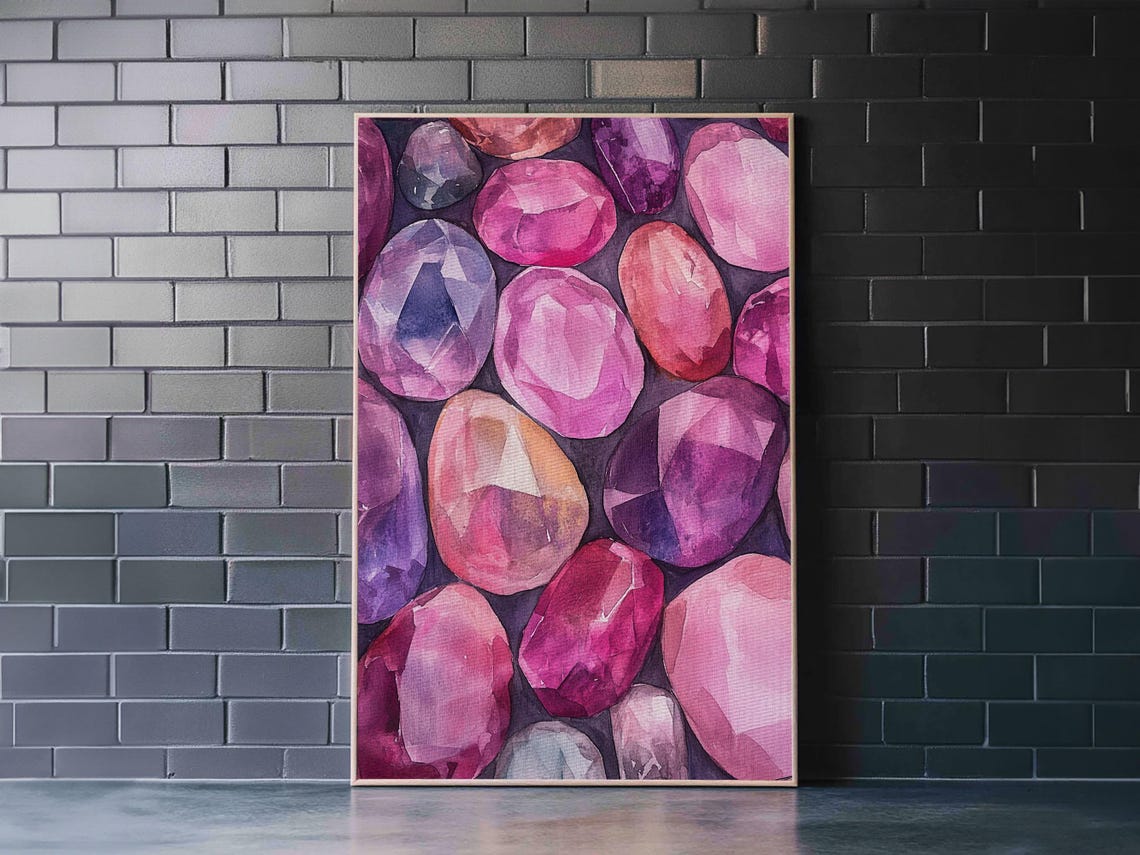 Vibrant Pink Gemstone Faceted Crystal Watercolor Art Wall Poster - Image 6