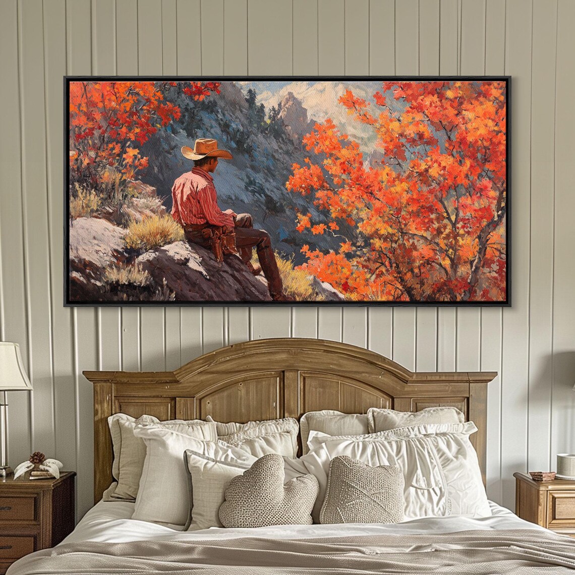 Cowboy Sitting On A Rocky Cliff Overlooking Autumn Mountains Print - Image 5