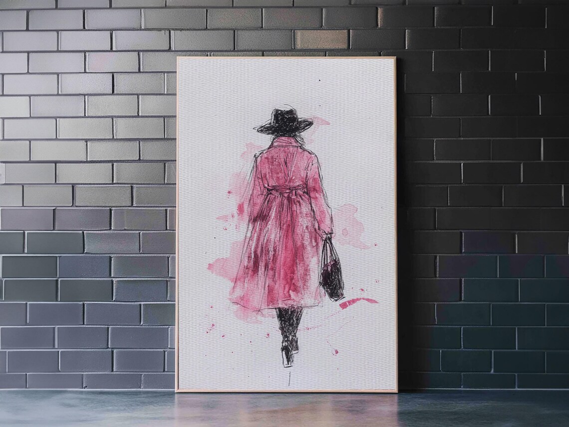 Woman In Pink Coat Fashion Illustration Minimalist Wall Art Print Poster - Image 5