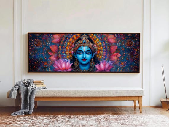 Krishna Painting Print Ready To Hang Wall Art Radha Krishna Art Panoramic Art Extra Wide Horizontal Art Hinduism Wall Art