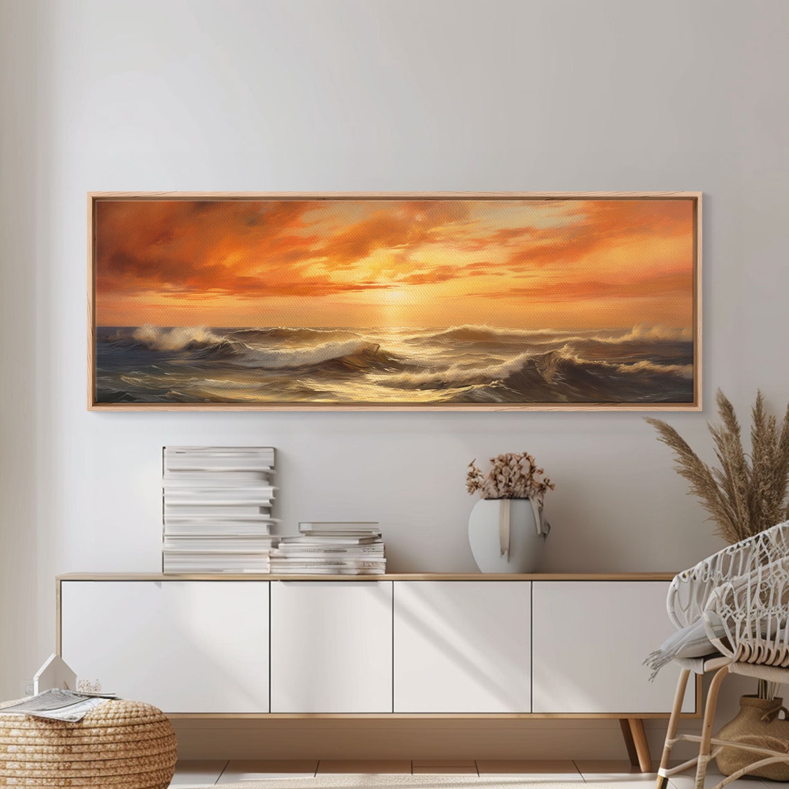 Ocean Sunset Waves Oil Painting Fiery Orange Sky Panoramic Wall Poster - Image 5