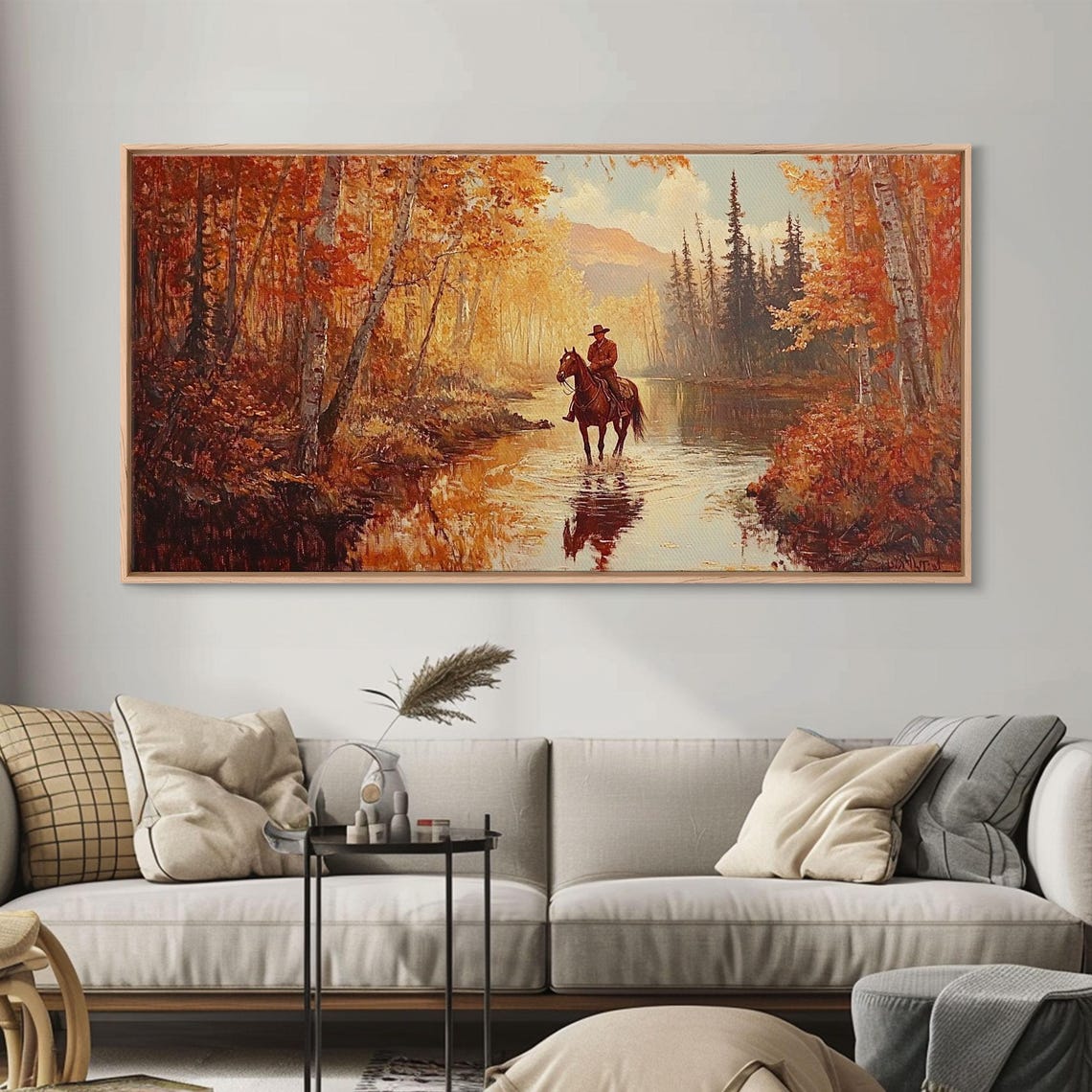 Autumn Cowboy Riding Horse Through River Golden Forest Trail Poster - Image 3