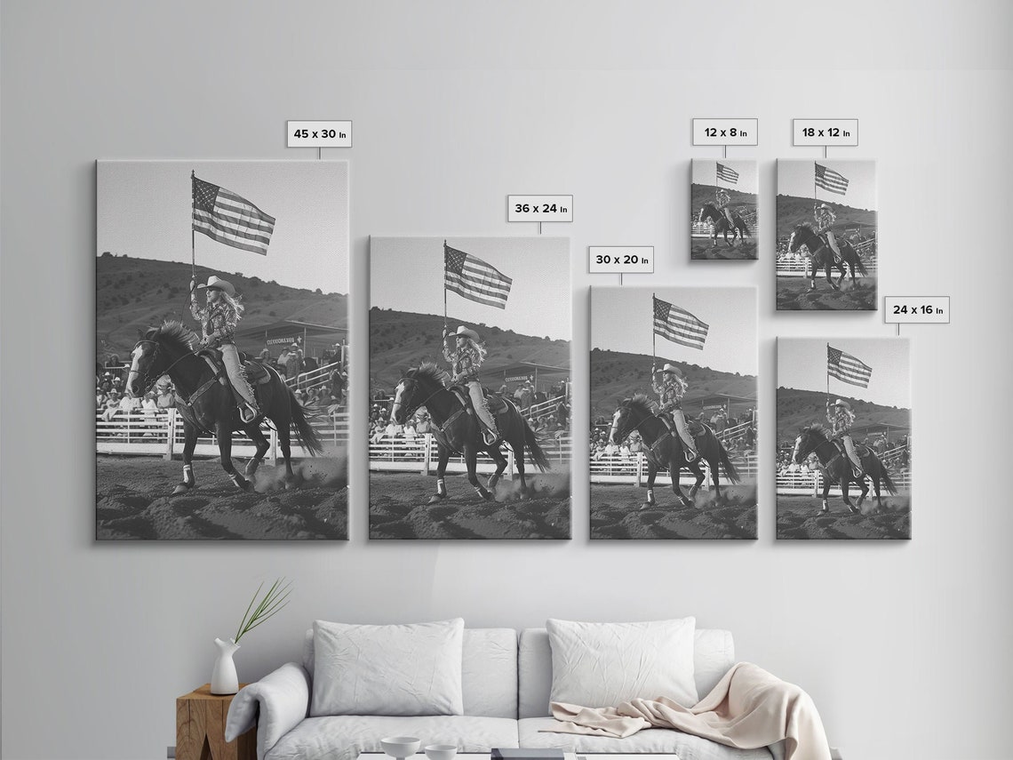 Cowgirl Carrying American Flag On Horse At Rodeo Black White Poster - Image 2