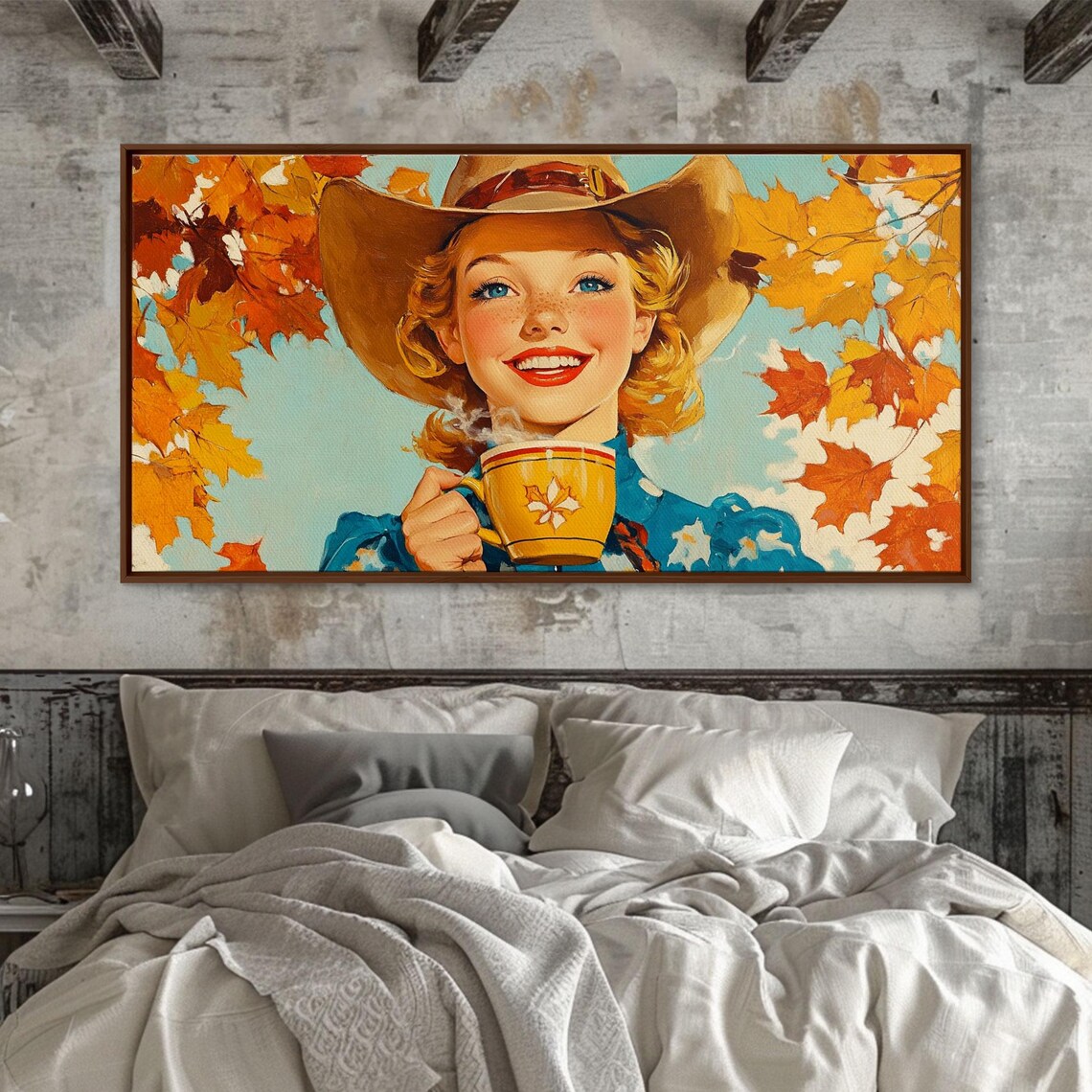 Smiling Retro Cowgirl Holding Hot Cocoa Mug Autumn Leaves Poster - Image 4
